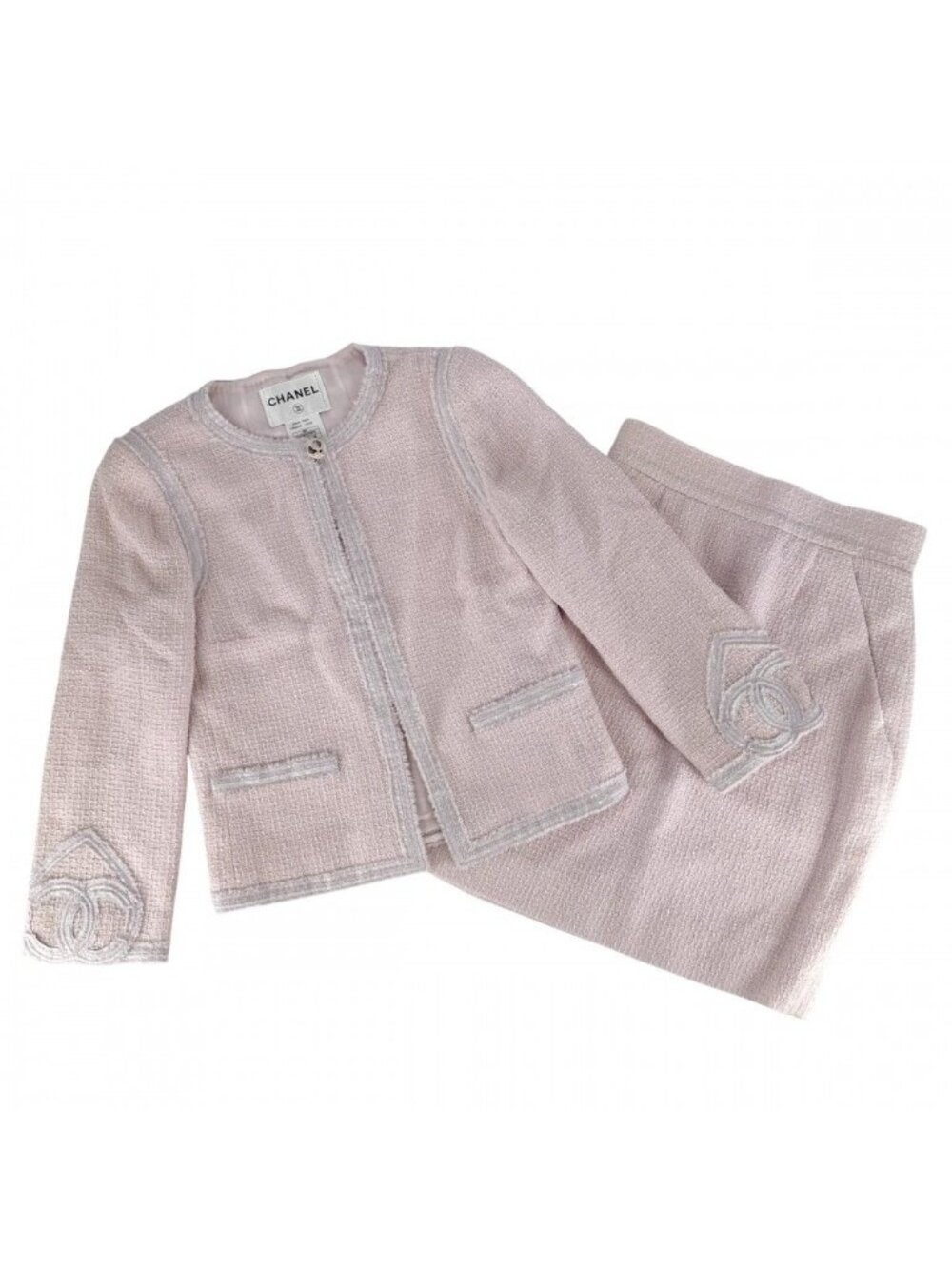 Chanel Set Tweed Collarless Jacket Skirt CC Logo 38 Pink Wool Spring Autumn